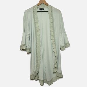 Mint green 3/4 Bell Sleeve crochet lace trim Light Weight Kimono cover up L